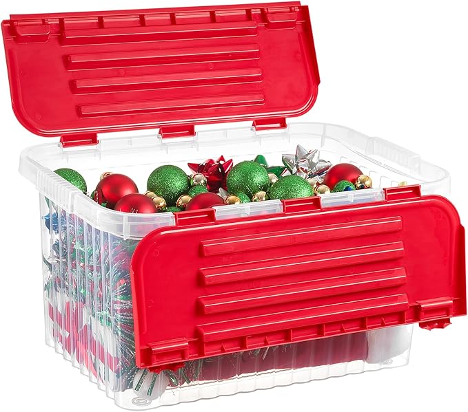 Superio Christmas Storage Box with Red Hinged Lids, Plastic Container Bins for Organizing with Attached Lid, Stackable Crates, BPA Free, Organizers for Home and Office, 35 Quart (20.25"x14"x10.5")