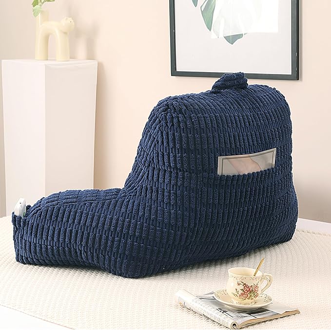 PAJEO Reading Pillow for Sitting in Bed, Large Backrest Reading Pillow with Arm Rest,Back-Rest Support Cushion for Sit Up on Couch, Sofa, and Floor, Dorm Essentials (Dark Blue Corduroy, Large(19"))