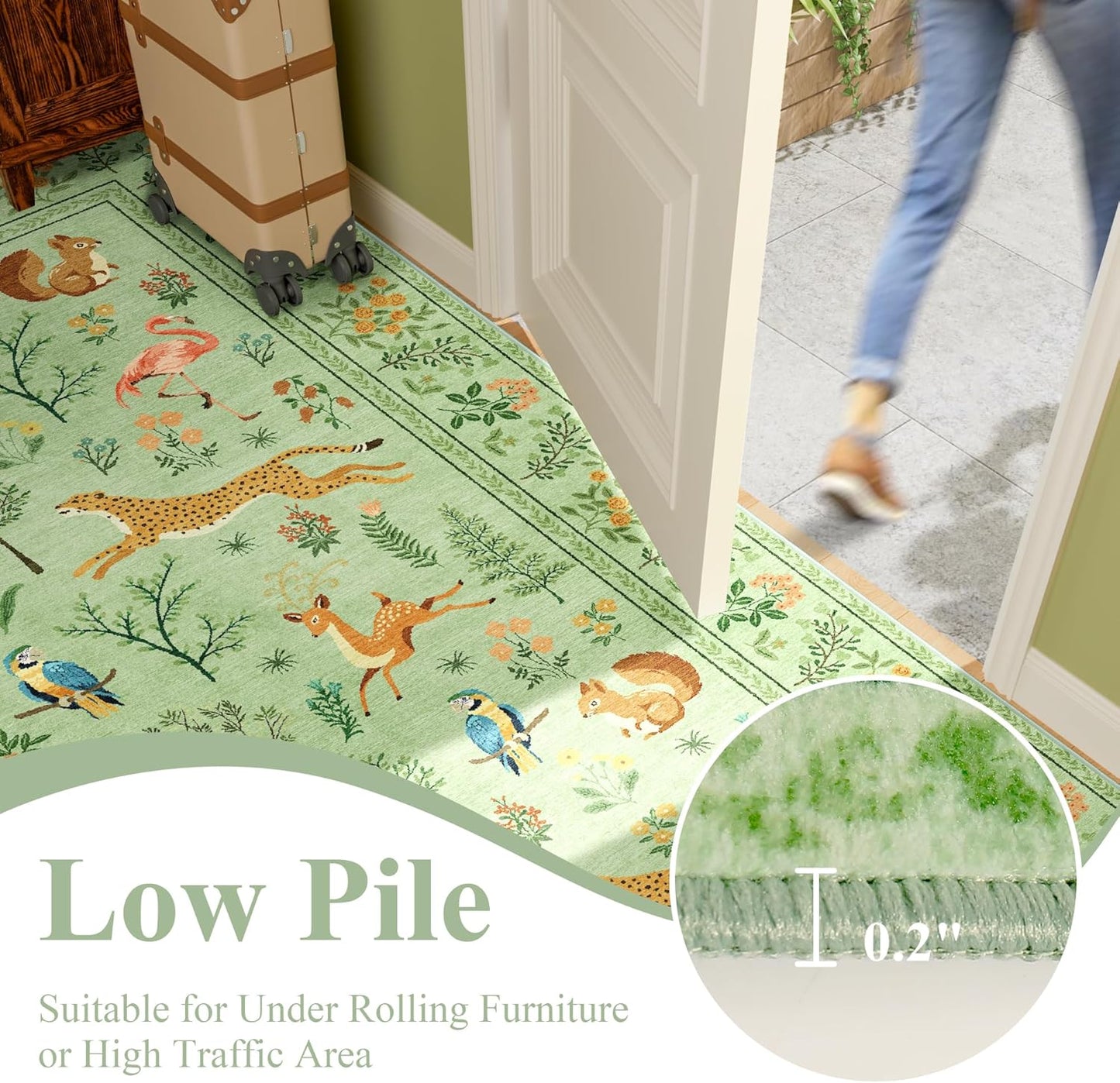 DUKINO 6x9 Rug, Washable Animal Living Room Rug with Non Slip Vintage Design, Soft Low Pile Large Carpet for Bedroom, Nursery, Dining Room, Farmhouse, Playroom, Light Green