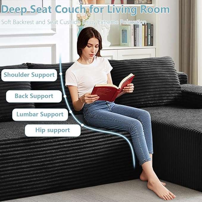 96" Cloud Sectional Couch with L-Shape Chaise, Modern Corduroy Boneless Couch for Living Room,Memory Foam Sofa with Deep Seat,No Assembly Required (Black,Right-Facing Chaise)