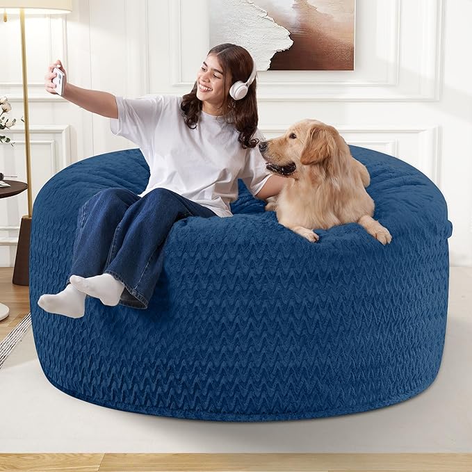 3FT Bean Bag Chair,Giant Bean Bag Chairs for Adults,Big Bean Bags with Memory Foam Filled, Large Beanbag Chairs with Chevron Plush Cover-Blue