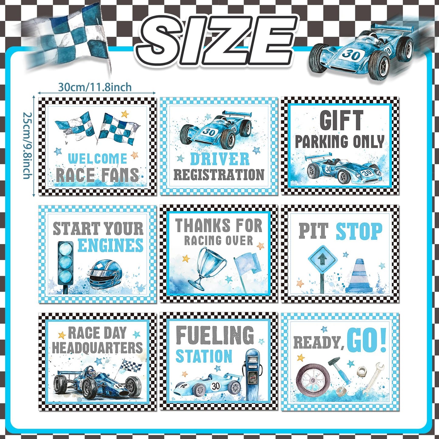 Blulu 9 Pcs Racing Car Party Decoration Racing Race Sign Black Laminated Sign Car Theme Party Supplies Paper Cutouts with 40 Glue Point (Fresh Style)