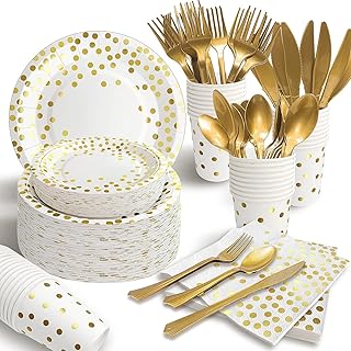 AIRE 175PCS White and Gold Paper Plates Party Supplies for 25 Guests Disposable Party Decorations Dinnerware Golden Dot Pa...