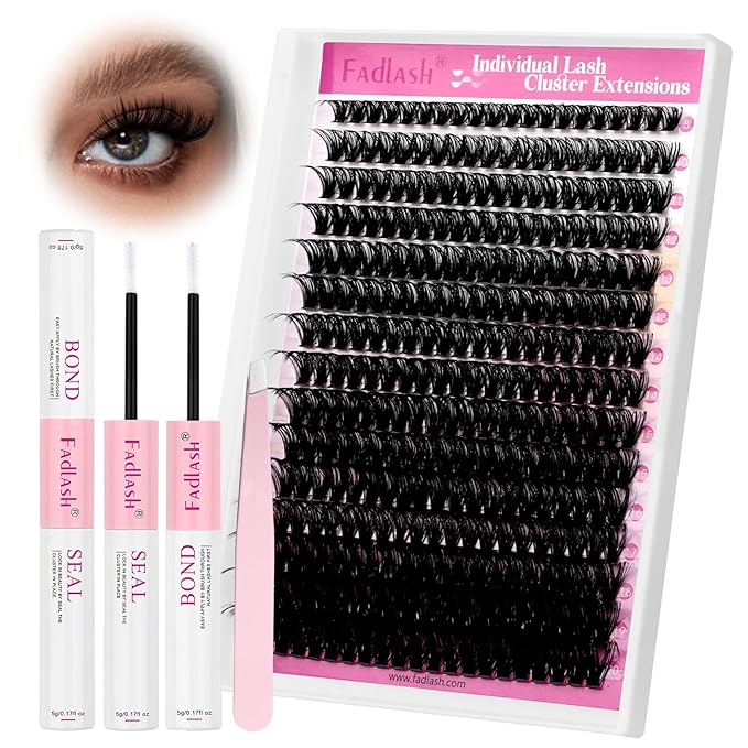 FADLASH Lash Extension Kit 50D Lash Clusters C Curl Lash Cluster Kit DIY Eyelash Extension Kit with Lash Bond and Seal Lash Tweezer Cluster Lashes (Kit, 50D-07C-Mix8-20)