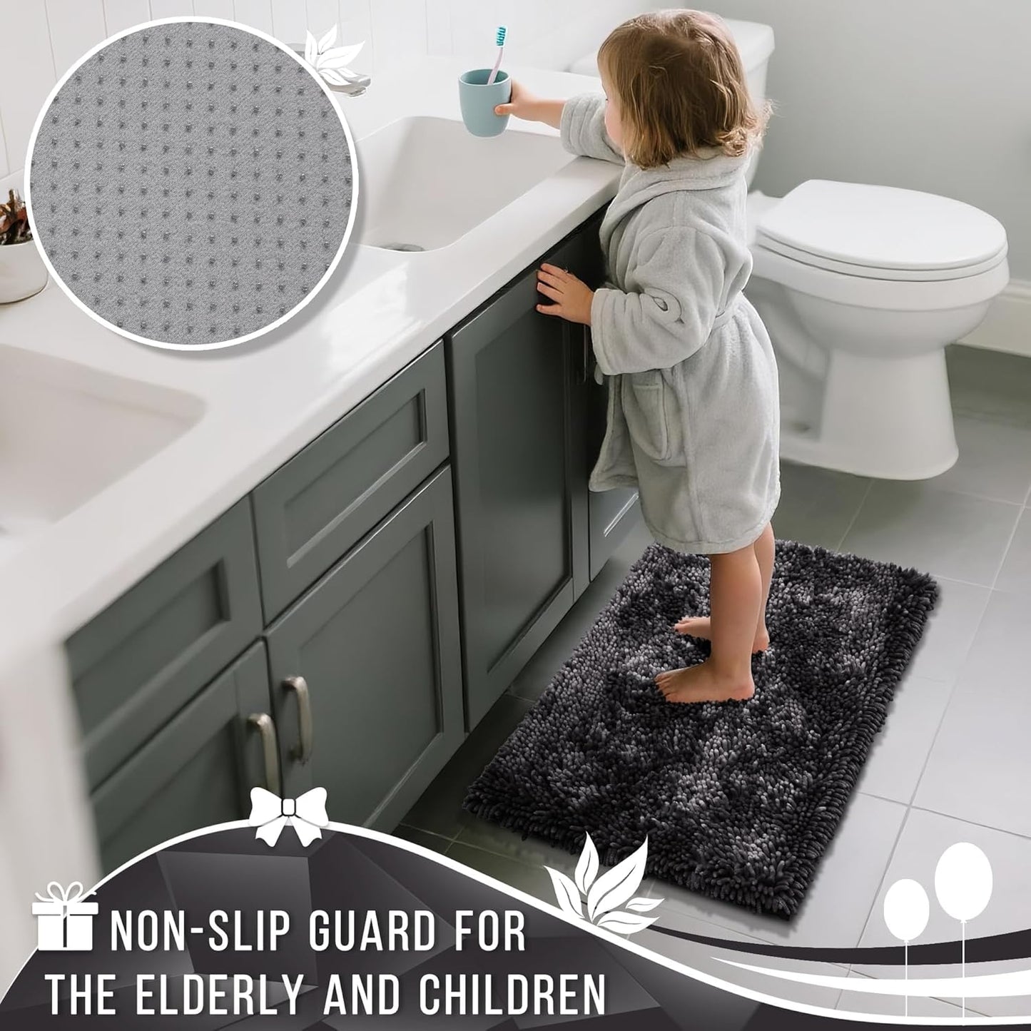 Yimobra Long Bathroom Rug Non Slip 44x24 Inch, Extra Thick Soft Absorbent Chenille Bath Mat, Machine Washable Quick Dry Bath Rugs for Bathroom Floor, Tub and Shower, Home Decor Accessories, Dark Grey