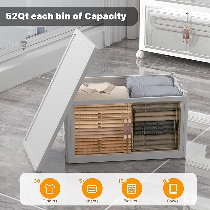 220Qt Stackable Storage Bins with Lids, 4 Pack Collapsible Storage Bins with Wheels, Plastic Cabinet with Doors, Foldable Closet Organizers for Home, Dorm, Office, White