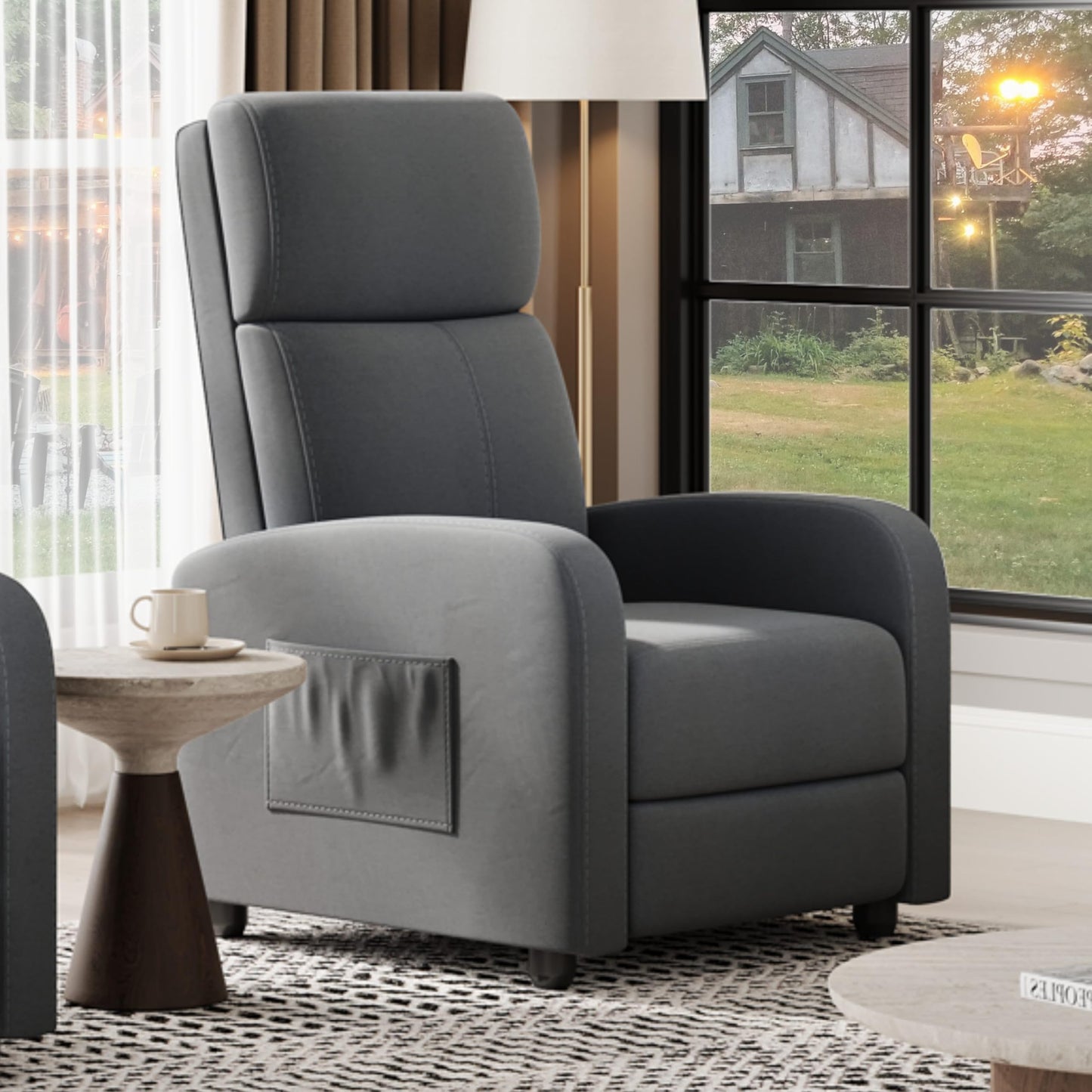 Garvee Recliner Chair for Adults, Leather Lazy Recliner Ergonomic Adjustable Single Sofa Enhanced with Side Pocket, Tall Back, Wide Arms & Padded Seat, Home Theater Seating for Living Room, Grey
