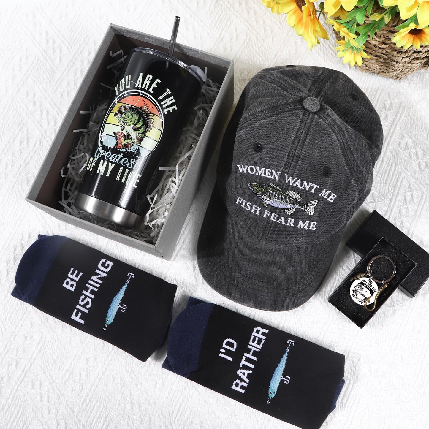 Keluna Fishing Gifts for Men - 4Pcs Fishing Gifts Set, 20oz Fish Tumbler Socks Cap Keychain, Fisherman Father's Day Birthday Christmas Retirement Presents for Dad Grandpa Husband Brother Boyfriend