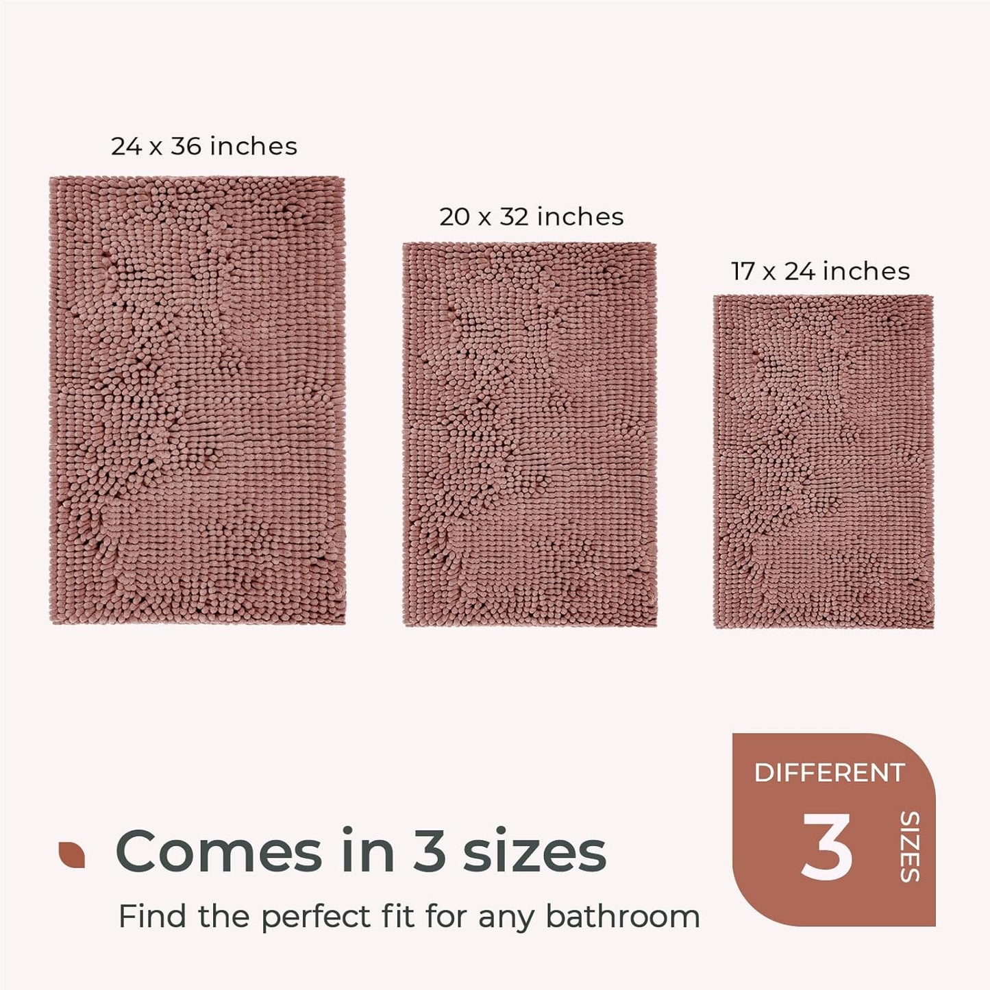 FRESHMINT Large Chenille Bathroom Rugs Mat 36"x24", Non-Slip Bath Mat for Bathroom Floor & Bathtub, Washable Shower Shag Bath Rugs, Soft Fluffy Thick Water Absorbent Microfiber Shower Mat, Rust Pink