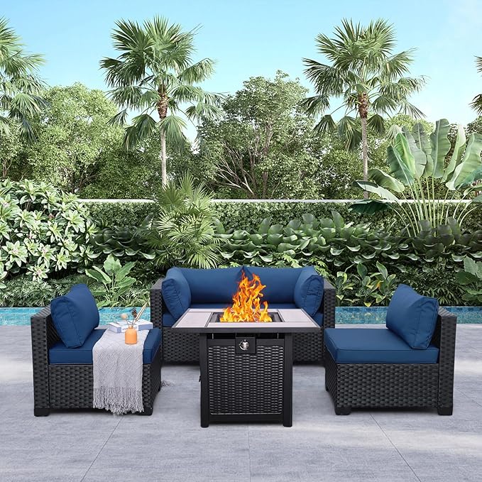 WAROOM Outdoor Patio PE Wicker 5 Piece Furniture Set, Black Rattan Sectional Conversation Sofa Chair with Square Propane Fire Pit Table, Navy Blue Cushion