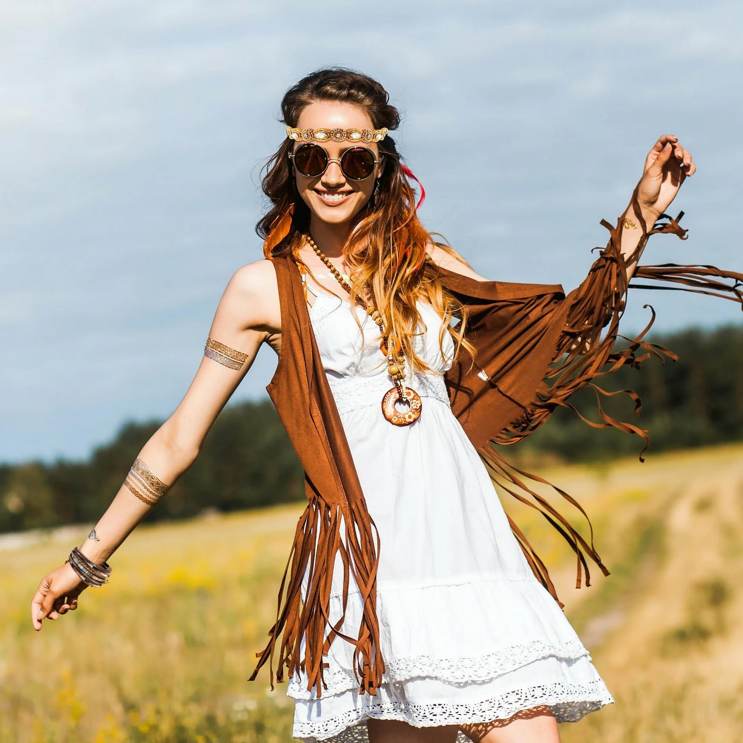 FEYIR 60s 70s Outfit for Women Hippy Accessories Fringe Hippie Vest Clothes for Halloween Disco Party Hippie Costume Set Brown