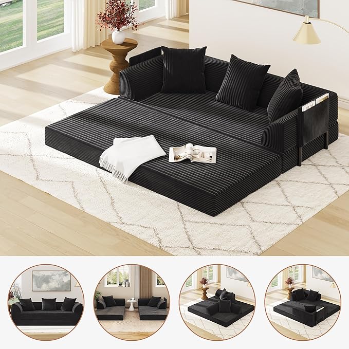 Folding Convertible Sofa Bed with 3 Pillows, 79 " Corduroy Boneless Couch with Armrest Pockets, Lounge Loveseat Sleeper with Pull Out Bed, Memory Foam Compressed Sofa for Living Room Bedroom, Black