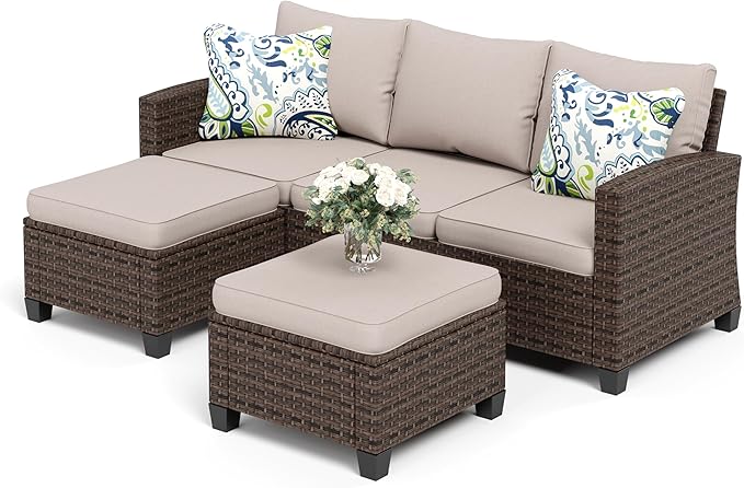 SUNSHINE VALLEY Outdoor Patio Furniture Set, 5-Seat L-Shaped Patio Couch Set with 2 Ottomans, Durable Rattan Outdoor Sofa Set for Small Patios, Modular Outdoor Couch Set for All-Weather Use, Beige