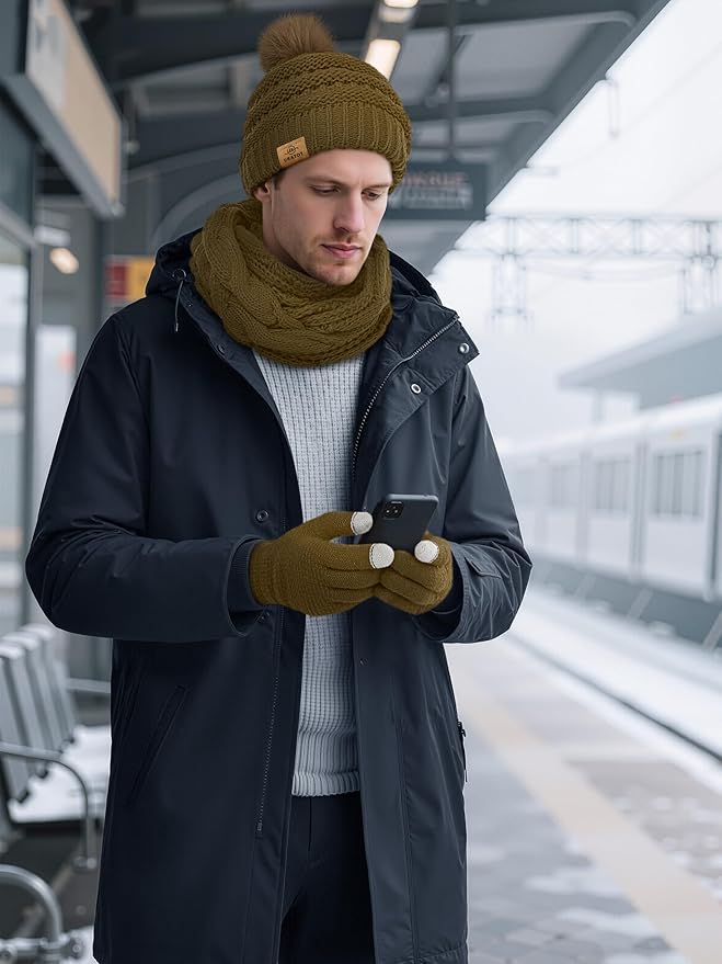 URATOT 4-In-1 Winter Warm Sets Knitted Scarf Touch Screen Gloves Beanie Pompom Hat and Winter Ear Warmer for Men or Women