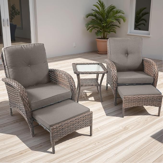 Rilyson Wicker Patio Furniture Set - 5 Piece Balcony Furniture Set with Hidden Ottomans, Rattan Outdoor Patio Chairs with Side Table for Porch Deck Poolside Garden Brown/Grey