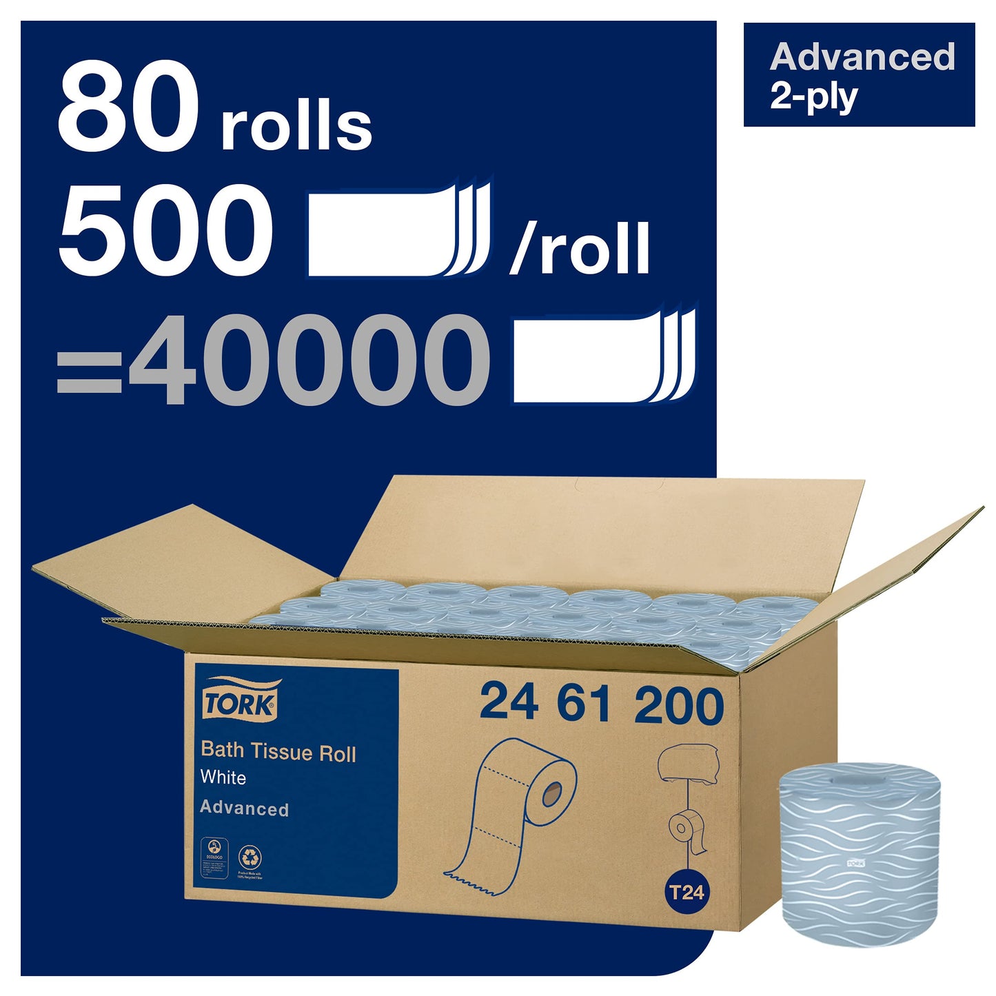 Tork Advanced Toilet Paper Roll, White, Compatible with T24 Dispensers, 2-ply, Soft Tissue, 80 rolls x 500 sheets (2461200)