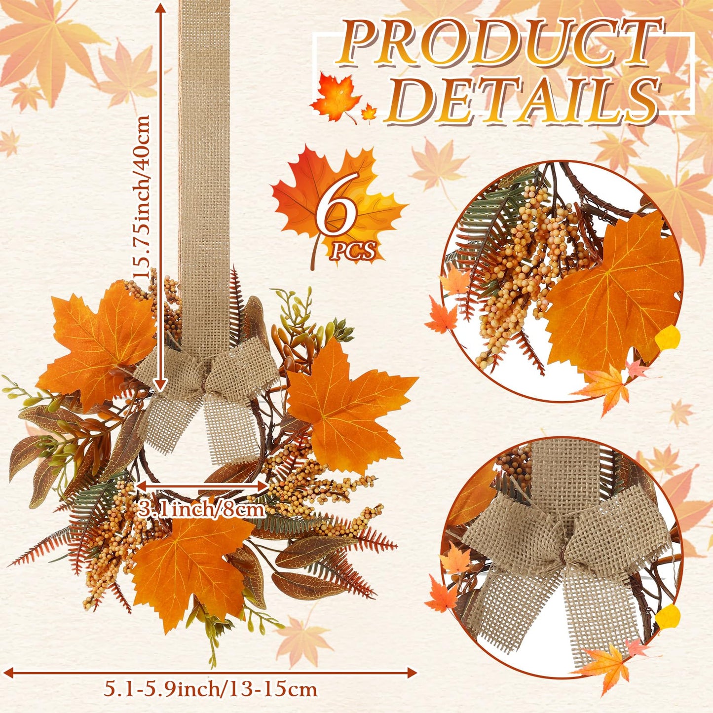 Hoteam 6 Pcs Fall Mini Wreath Thanksgiving Kitchen Cabinet Wreaths with Bow Ribbon Maple Autumn Artificial Faux Garland Small Farmhouse Decorative Garland for Front Door Wall Window(Fall Leaves)