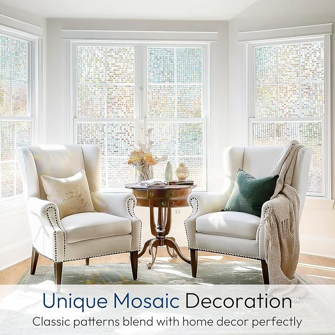 rabbitgoo Window Privacy Film Stained Glass Window Film, Mosaic Rainbow Decorative Glass Cling, Removable Static Cling Tint UV Blocking, Non-Adhesive Privacy Covering for Home, 23.6 x 118.1 inches