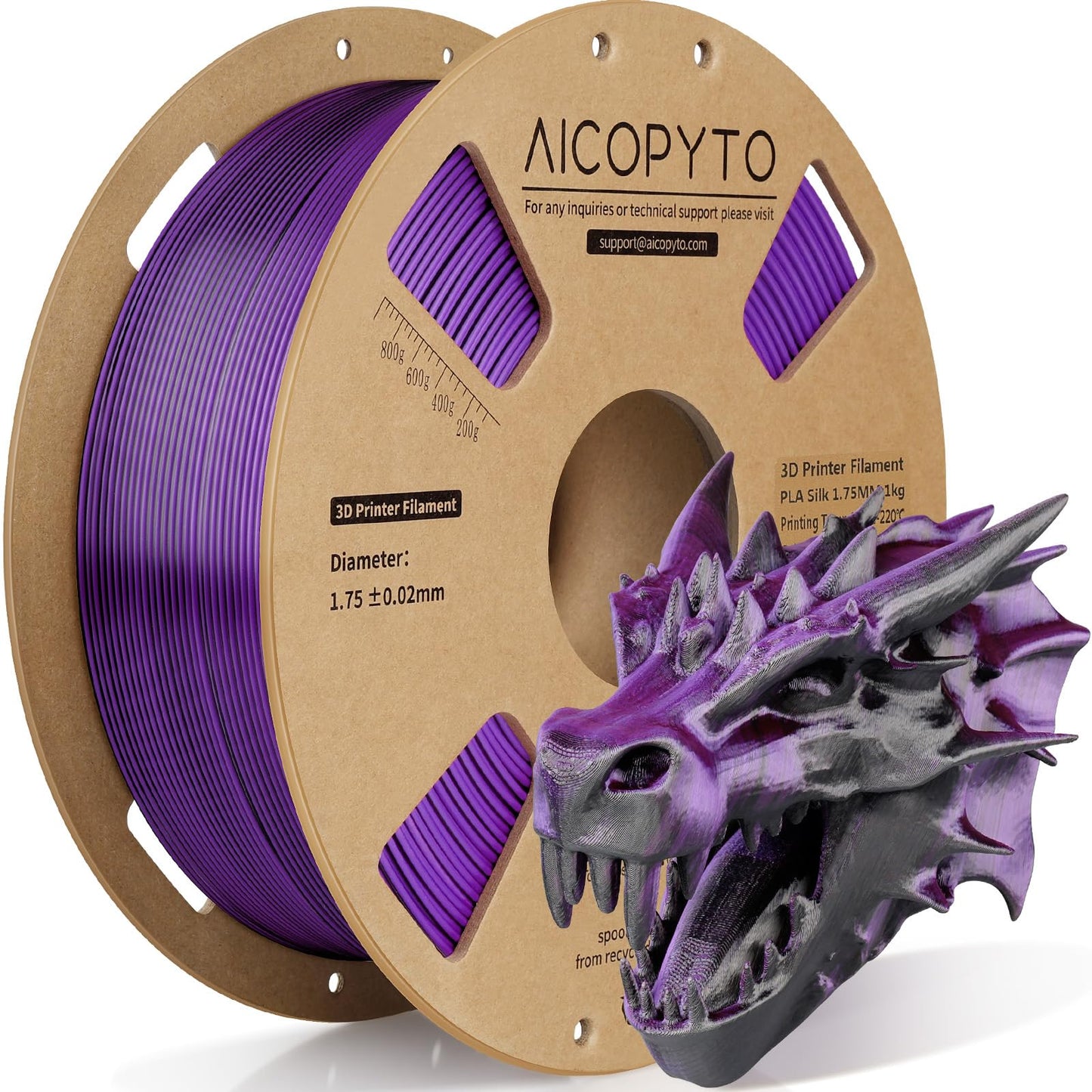 AICOPYTO Dual Color Silk PLA 3D Printer Filament 1.75mm, Dual Color 2-in-1 Purple-Black Silk Filament 1KG Spool Dimensional Accu