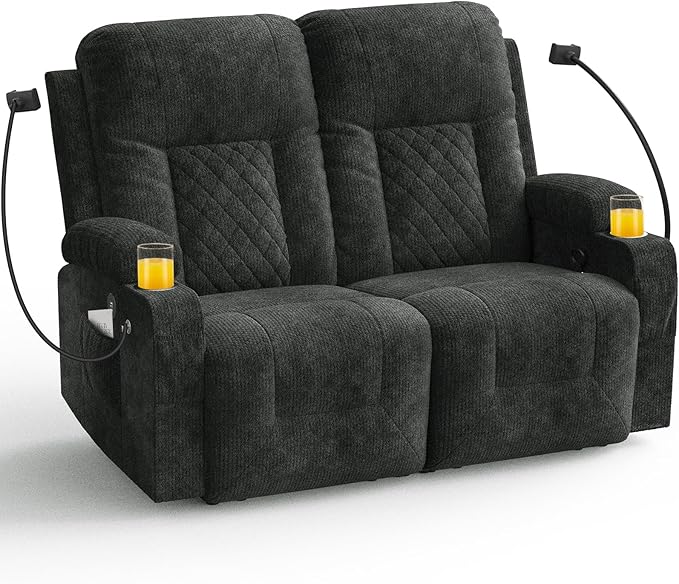 FURNIMAT Loveseat Recliner Sofa, 2 Seater Reclining Loveseat Sofa, Modern Fabric RV Loveseat Couch for Living Room/RV, with USB Ports, Cup Holders, Insert Pockets, Cell Phone Holders, Gray