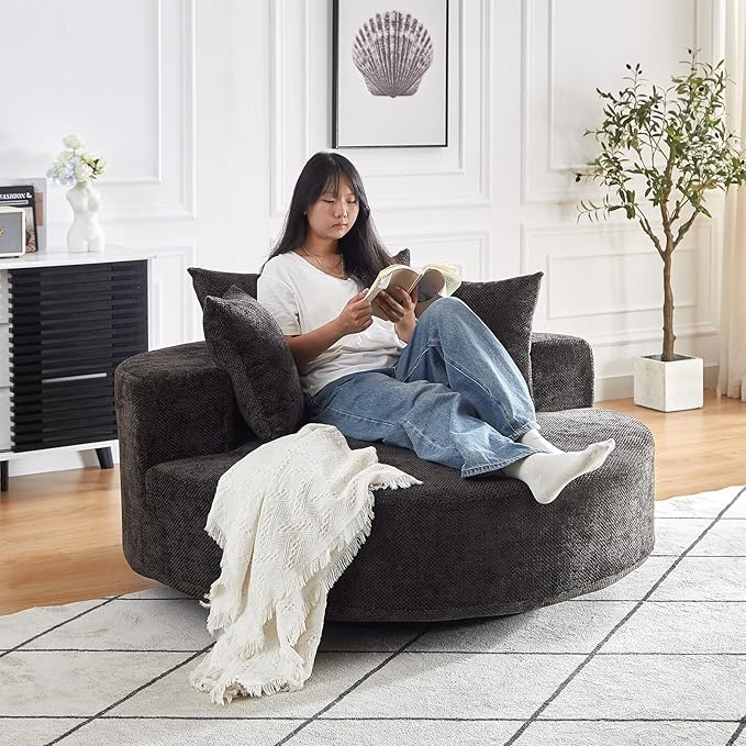 Oversized Round Swivel Chaise Longue Chair Indoor, Modern 55-inch 360 Degree Swivel Upholstered Waffle Chenille Deep Seat Circle Single Cloud Sofa Chair for Living Room Bedroom Apartment Office, Black