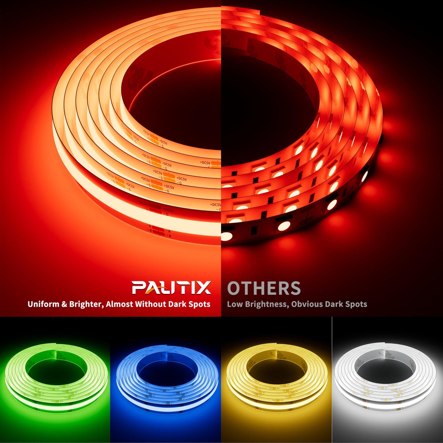 PAUTIX 5V USB COB RGB LED Strip Light 9.84ft/3m Color Changing Light Strips,TV Backlight Multicolor Flexible Under Cabinet Tape Lights with Bluetooth Control for Bedroom,Kitchen,Home DIY Lighting
