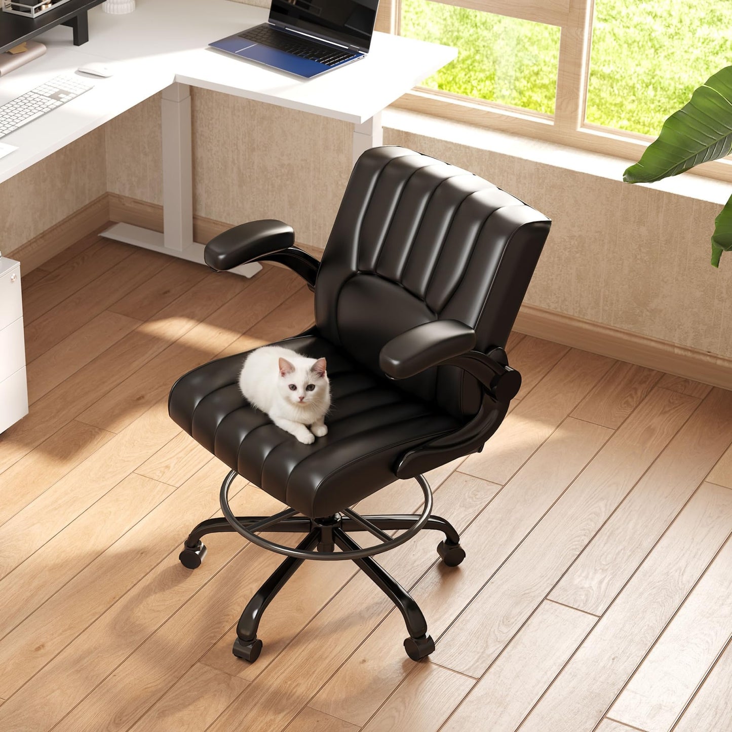 FLEXISPOT Drafting Chair, Black Desk Chair, Comfortable Office Chair with Adjustable Foot Ring Footrest/Flip-up Armrest/4.7in Thick Seat Cushion, Black Vanity Chair with Back, Leather Seat