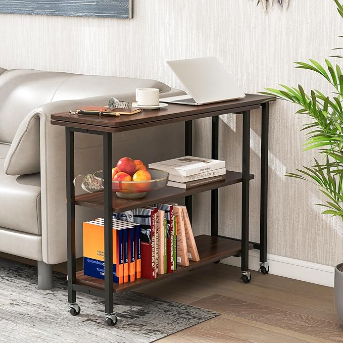 Giantex 360° Free Rotating Sofa Side Table, Mobile L-Shaped Laptop Desk with Sturdy Metal Frame, 6 Universal Casters, Movable Couch Snack Table with 2-Tier Storage Shelf for Home (Walnut)