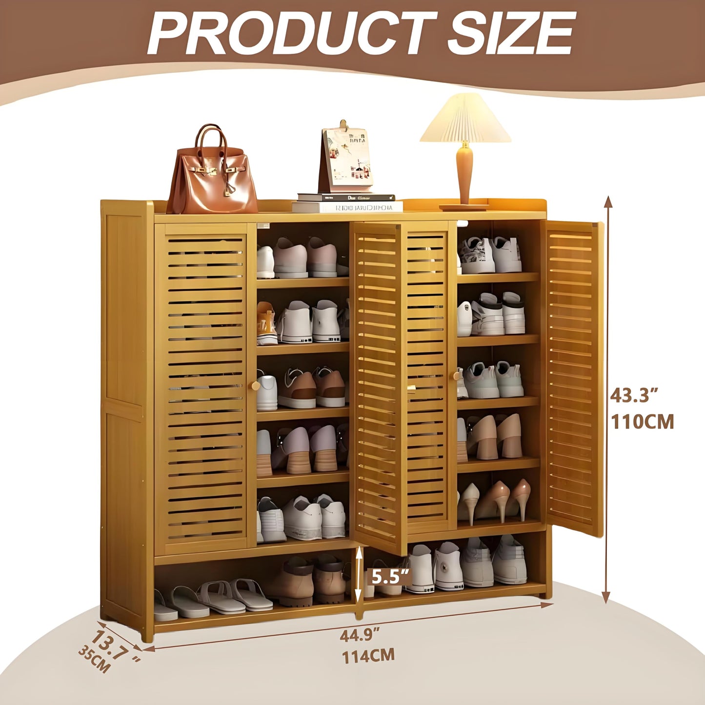 WMIASIN 7-Tier Shoe Rack Cabinet, Bamboo Shoe Cabinet with Doors, 36-40 Pairs Freestanding Shoes Cabinet Organizer,Large Shoe Cabinet for Entryway, Hallway, Living Room