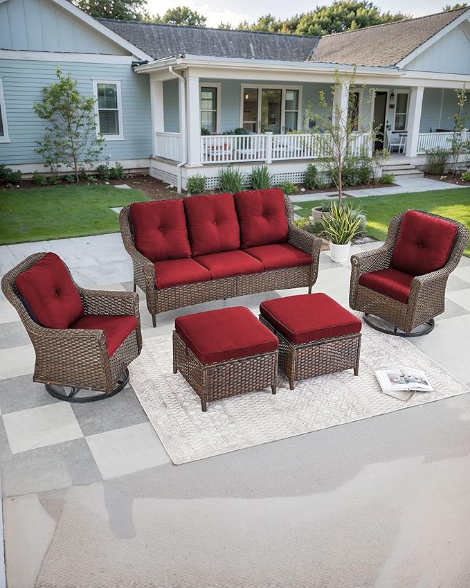 ACTREST Patio Couch Outdoor Wicker Sofa - Heavy Duty All-Weather Brown Rattan 3-Seater with High Back and Comfortable Thick Cushions for Garden Back Porch Poolside Apartment - Red