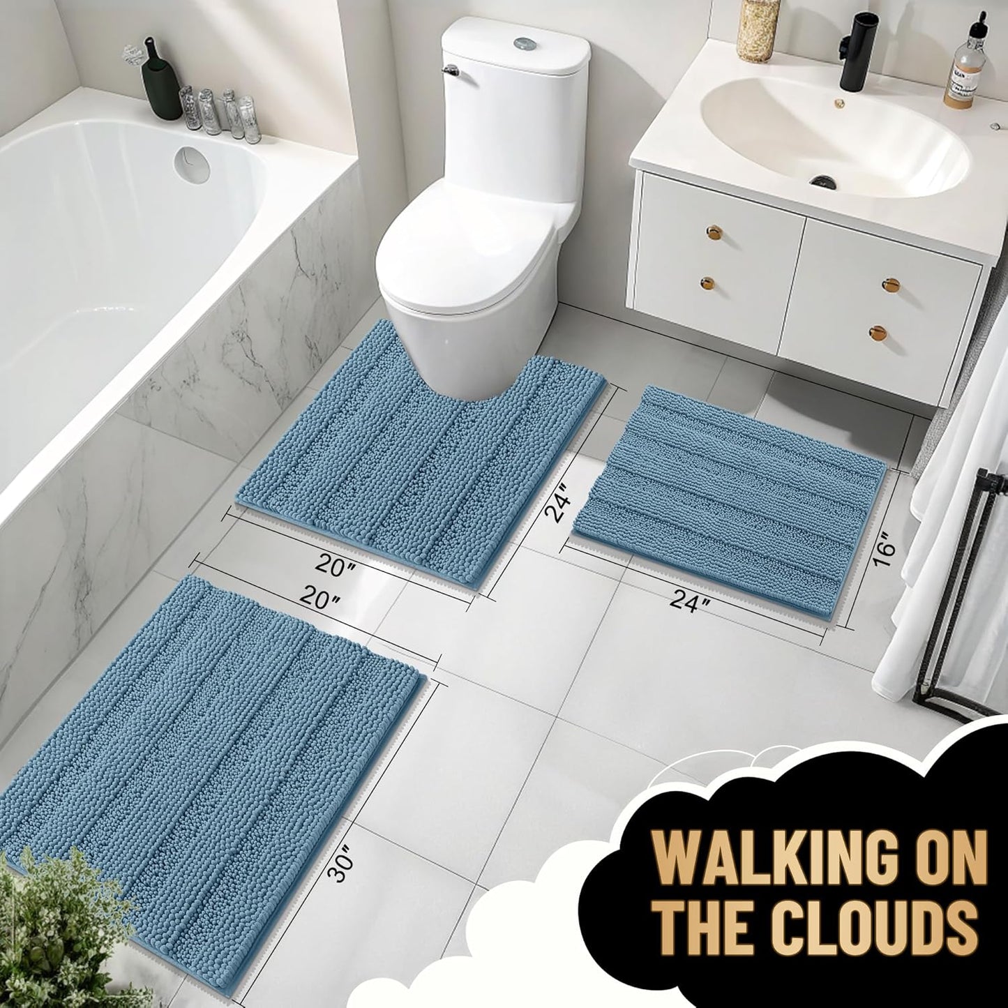 OLANLY Thick Bathroom Rugs 30x20, Extra Soft Absorbent Chenille Striped Bath Rugs, Rubber Backing, Machine Wash Dry, Bath Mats for Bathroom Floor, Tub and Shower, Home Decor Accessories, Airy Blue