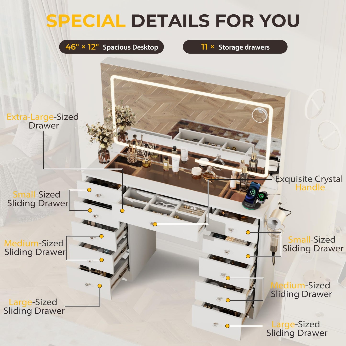Otterease Vanity Desk with Mirror and Lights, 11 Drawers Makeup Vanity Desk with Tempered Glass top, 3 Lighting Modes Adjustable Brightness, White Vanity with Magnetic 5X Magnifier for Bedroom