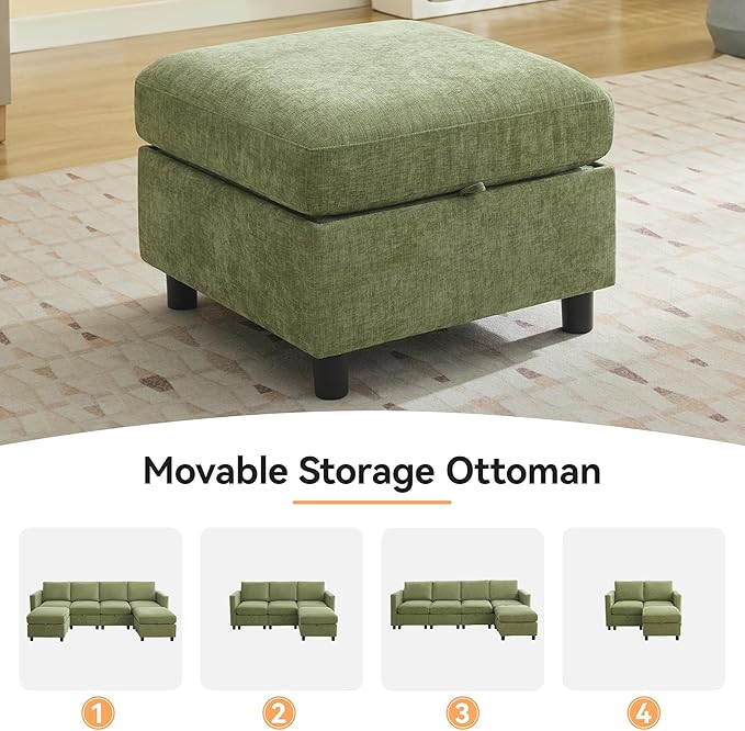 WUTUTUEE 58”Modular Sectional Loveseat Sofa with Storage, Comfy Office L Shaped Sofa Couch, Chenille Love Seat Modular Sectional Couch with Movable Ottoman for Living Room, Bedroom, Green