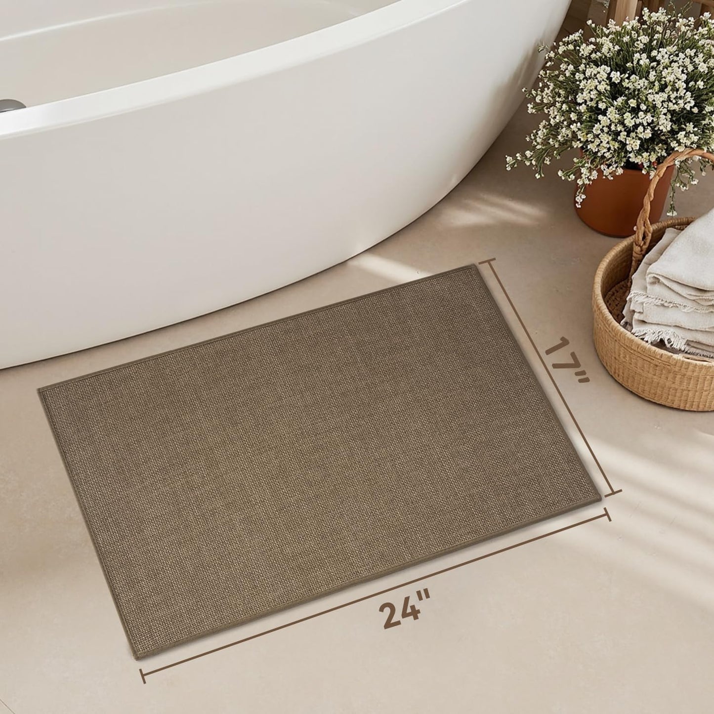 MontVoo Bath Mat Rug-Ultra Thin Non Slip Bath Mats for Bathroom Mat Quick Dry, Rubber Backing Washable Bathroom Rugs Fit Under Door, Absorbent Bath Rugs for Floor,17"x24",Khaki