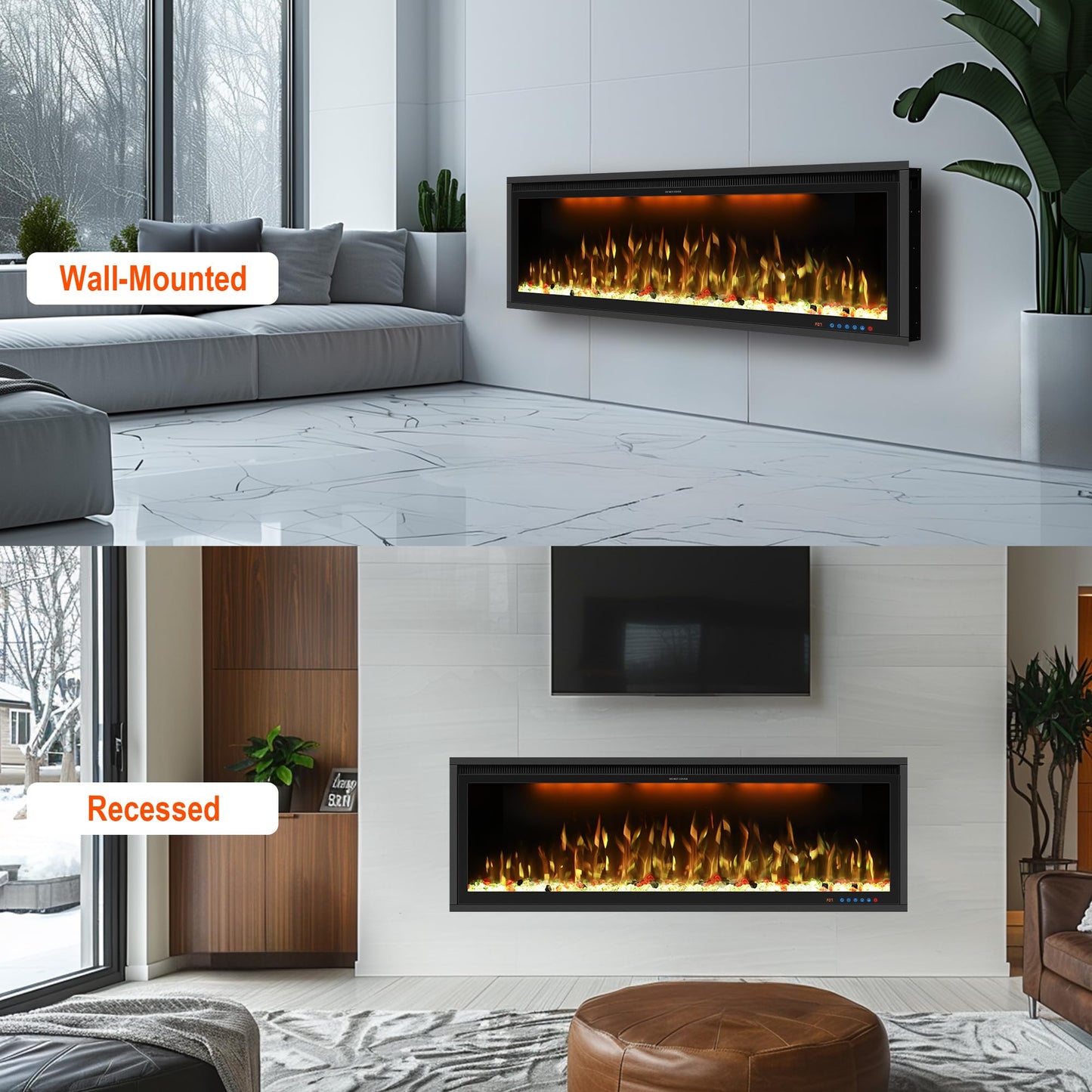 60" Smart Electric Fireplace Inserts, Slim Fireplace with APP & Alexa Control, Remote & Touch Panel, Adjustable Flame Colors & Fuel Bed Colors, Timer & Overheat Protection, 750W/1500W, Black