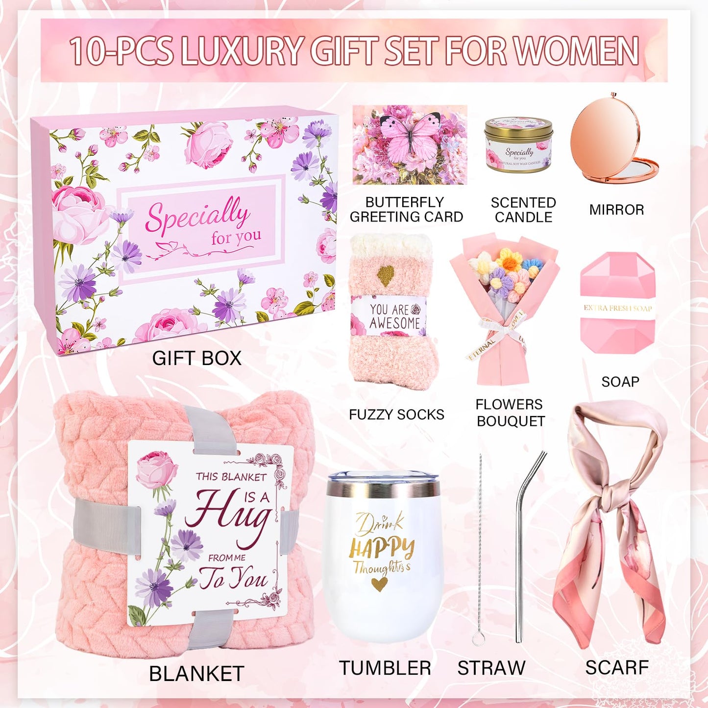 ElatedMore Birthday Gifts for Women Friendship Self Care Package Gifts for Women Get Well Soon Gift Baskets Relaxing Blanket Gifts Box for Sister Mom Wife Friend Her Fantasy Box (Pink)
