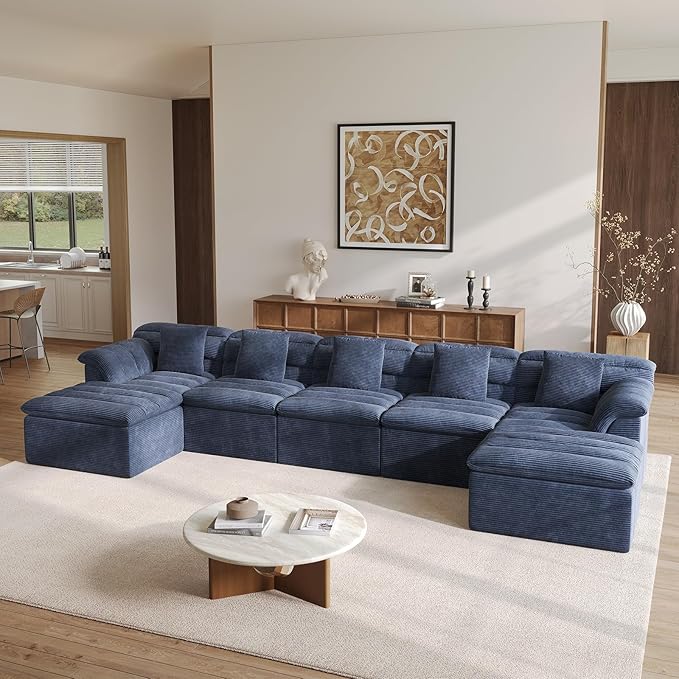 SUNG7 172" Modular Sofa with Ottoman, Boneless Cloud Couch with Deep Seat, Comfy U-Shape Corduroy Couches for Living Room, No Assembly Required, Blue
