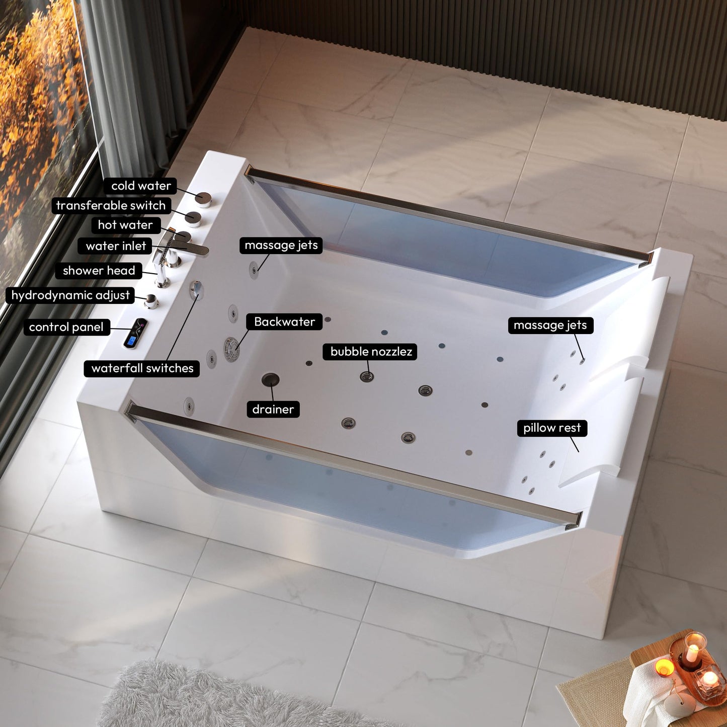 Empava PRO Series 71"x48" Whirlpool Tub | Heated Bubble Spa for 2 with Thermostatic Control & Chromotherapy | Acrylic Freestanding Soaking Bathtub, White (ETL Certified)