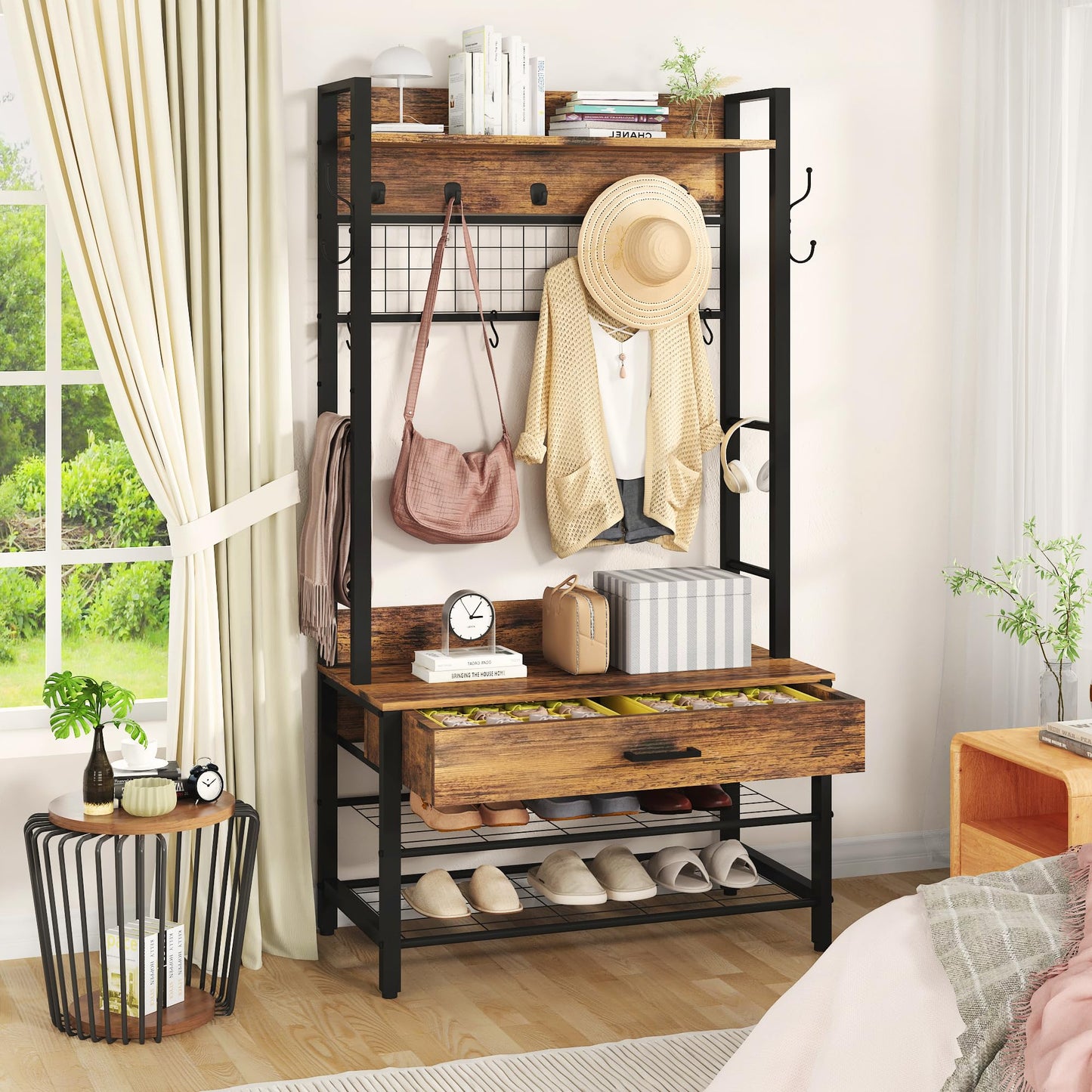 Recaceik Hall Tree, Entryway Coat Rack with Drawer, Industrial 5 in 1 Entryway Bench with Storage Shoe Rack and 12 Hooks, Freestanding Home Organizer with Shelf & Grid Panel, Anti-Dumping