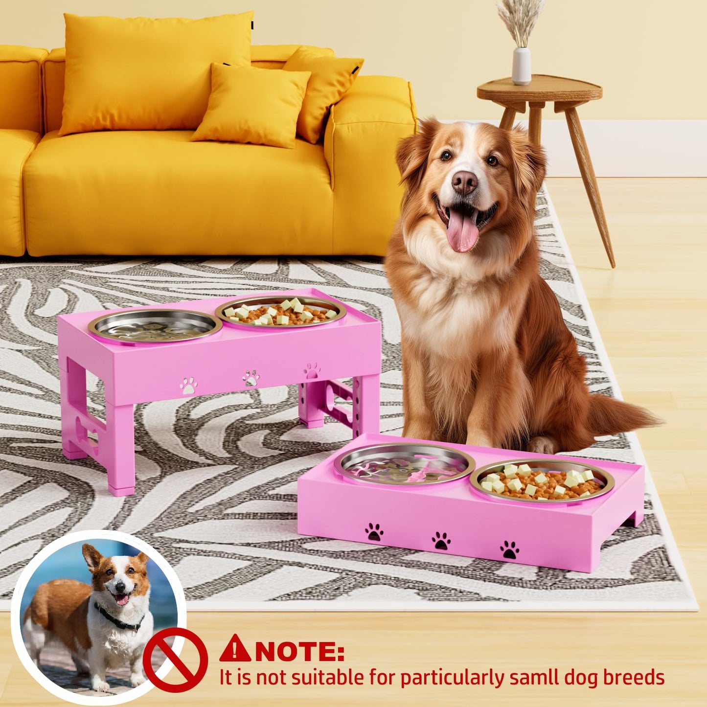 LAKIPETN Elevated Dog Bowls with 2 Stainless Steel Bowls, Raised Dog Food Bowl Stand 5 Height Adjustable (3.1", 9", 10", 11", 12") Non-Slip Feeder Set for Medium and Large Dogs - Pink