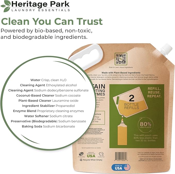 Heritage Park All-Purpose Fragrance Free, Hypoallergenic, pH-Neutral Laundry Detergent - Dermatologist-tested, Sensitive Skin-Friendly, Stain-Fighting Enzymes, 3x Concentrated (64 fl oz Refill Pouch)