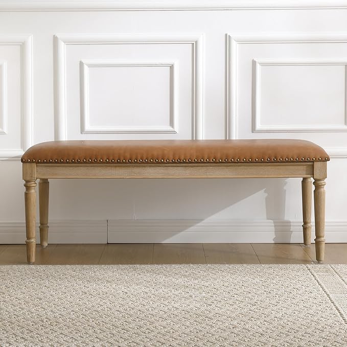 DM Furniture 46'' French Country Entryway Bench Wooden Faux Leather Upholstered Seat Dinng Bench with Nailhead Trim for Hallway End of Bed, Brown
