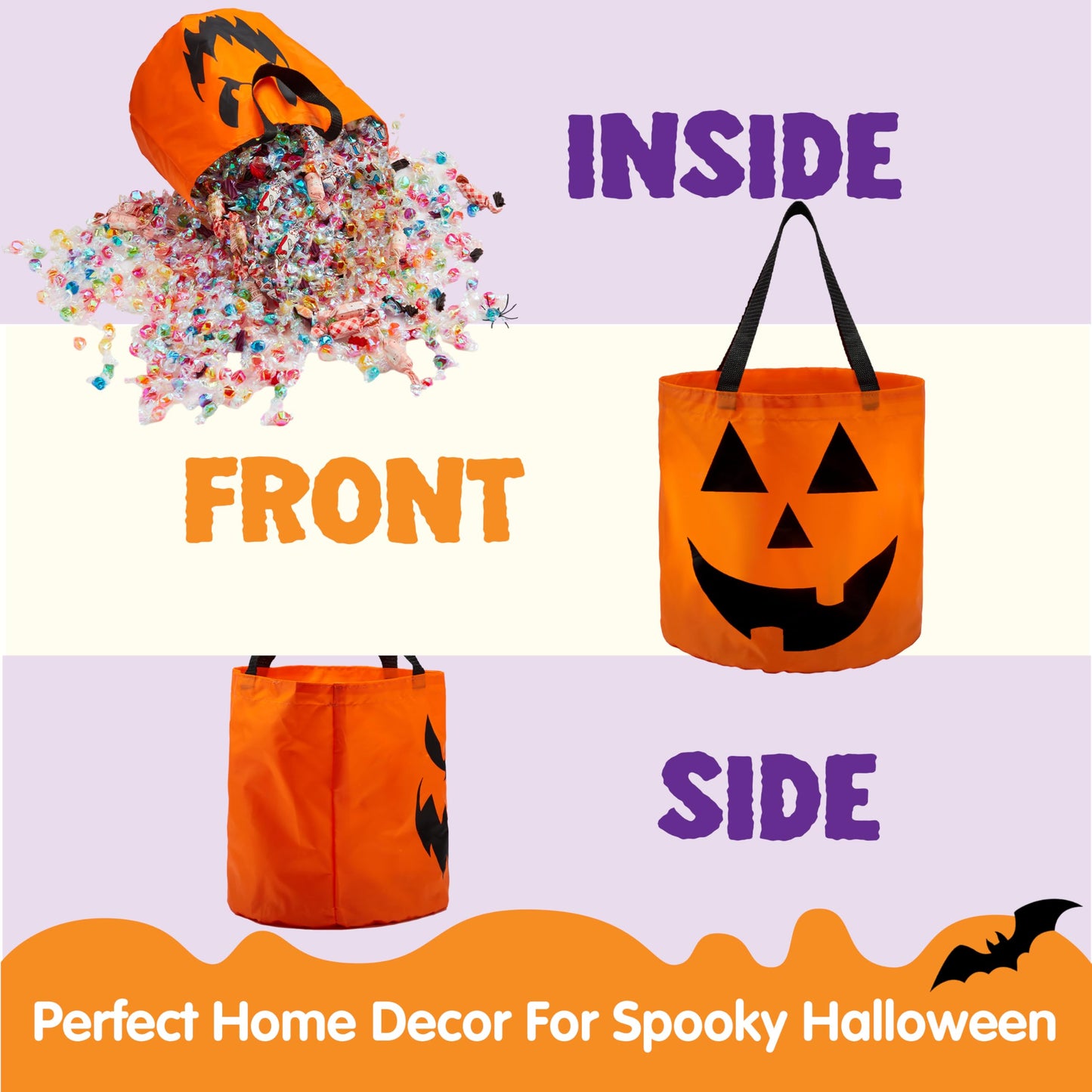 JOYIN 3 PCS Halloween Candy Pumpkin Buckets, 10.2 x 11.8 LED Light Trick or Treat Buckets, Orange Reusable Goody Treat Baskets for Kids Polyester Bags, Halloween Birthday Party Favor Supplies