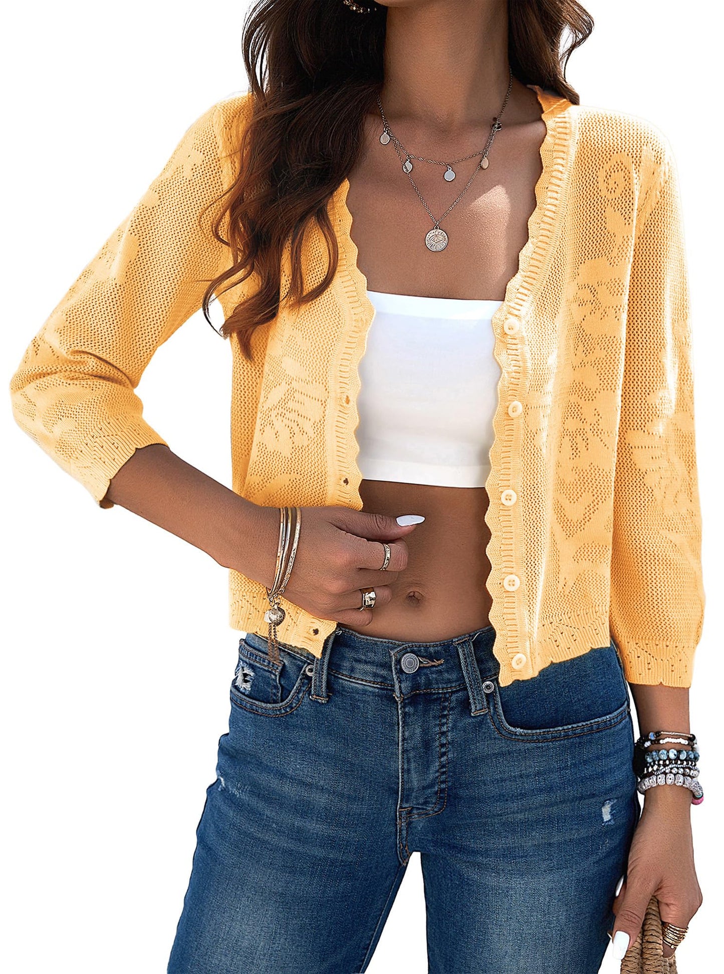 Kate Kasin Women's 2025 Cropped Cardigan Sweaters Trendy Lightweight 3/4 Sleeve Button Down Crochet Textured Shrugs Top