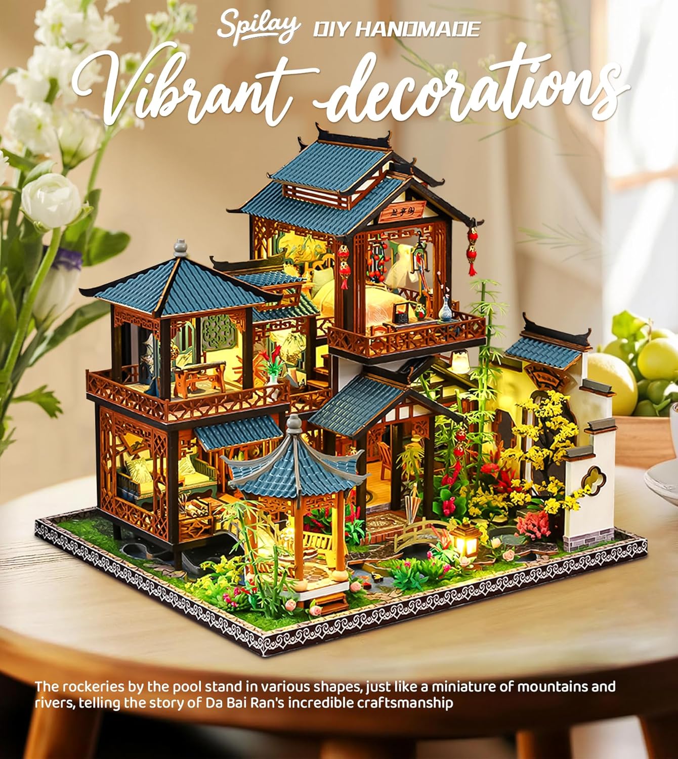Spilay DIY Miniature Dollhouse Kit,DIY Dollhouse Kit with Wooden Furniture,Dust Proof Cover, Music Box and LED,Handmade Crafts Gifts for Birthday Christmas and Valentine's Day(P019)