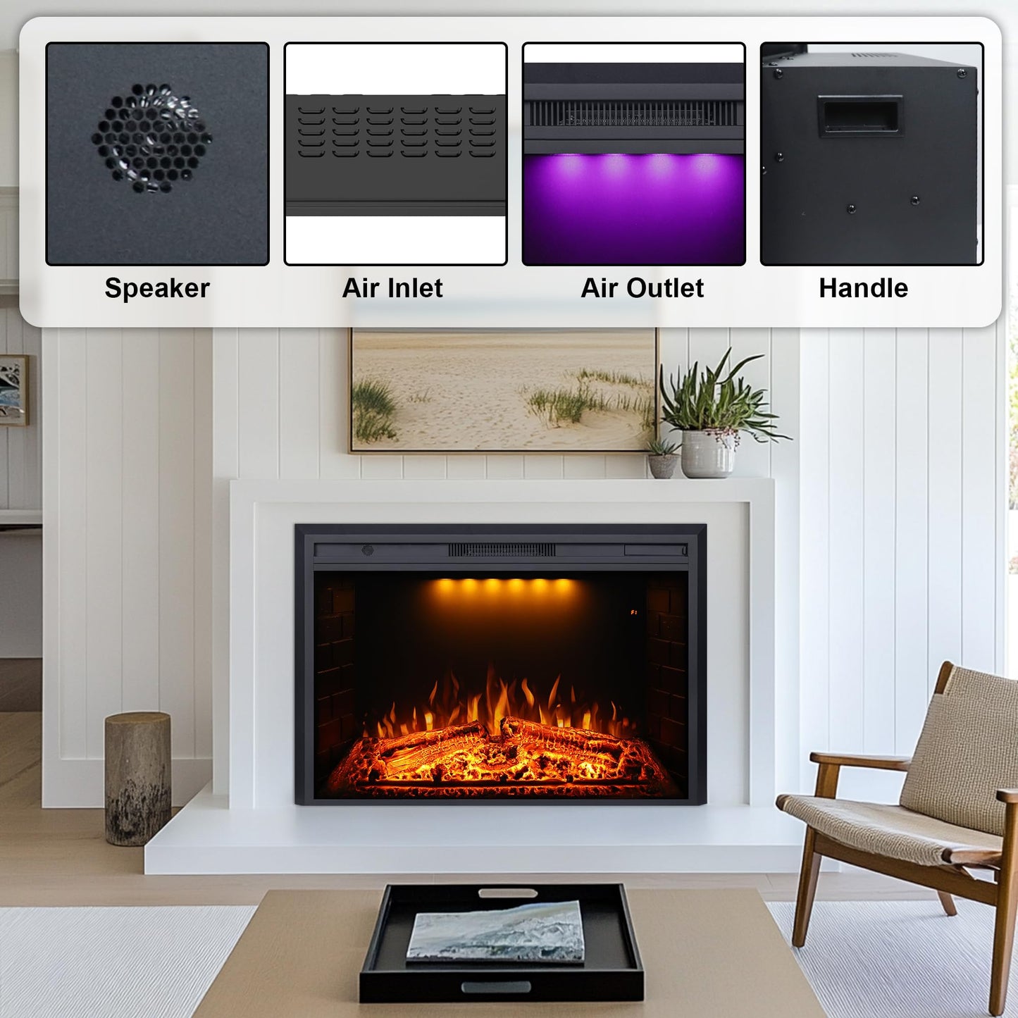 Valuxhome Electric Fireplace, 40 Inches Fireplace Insert, Electric Heater with Overheating Protection, Fire Crackling Sound, Remote Control, 750/1500W, Black, 40" L27 H