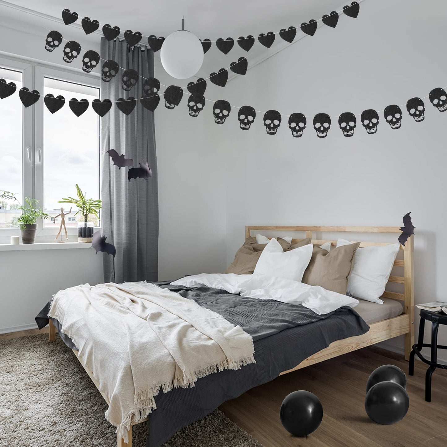 K1tpde 4PCS Gothic Black Heart Skull Garland Banner Kits, Black Felt Heart Banner for Valentines, Skull Garland Backdrop for Gothic Birthday Party Decorations, Halloween Home Decor