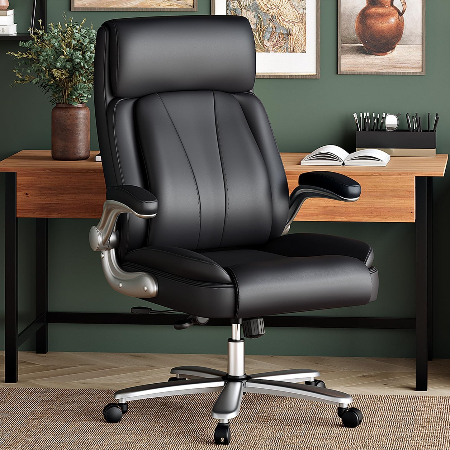 NexHut Executive Office Chair, Ergonomic Desk Chair, 500lbs Heavy Duty Comfy Computer Chair with Adjustable Lumbar Support, Flip-up Arms, Wide Thick Seat, High Back Office Chair for Back Pain