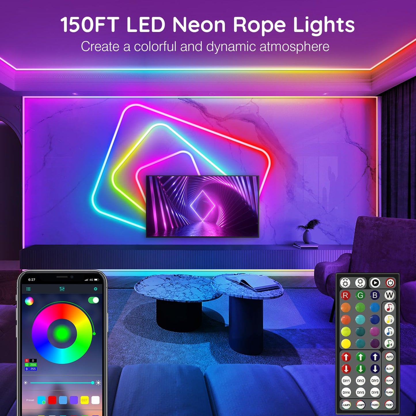 AILBTON 150Ft Neon Rope Lights,Flexible Led Rope Lights Control with App/Remote,Multiple Modes Music Sync Gaming RGB Led Neon Lights for Bedroom Outdoor