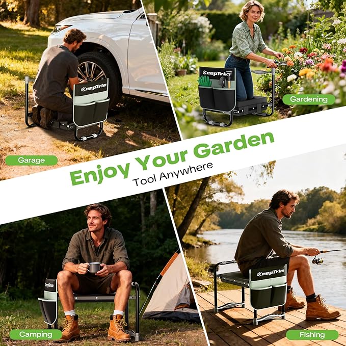 KeepTrim Garden Kneeler and Seat, Foldable Ergonomic Kneeling Bench with Tool Pouch 400 Lbs Heavy Duty 2-in-1 Comfortable Cushioned Kneeling Chair for Gardening Yard Work (Black)